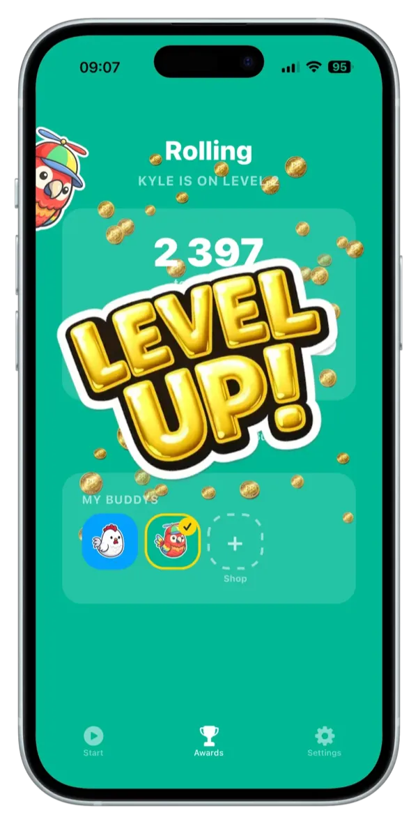 Level up celebration in ADHD routine app